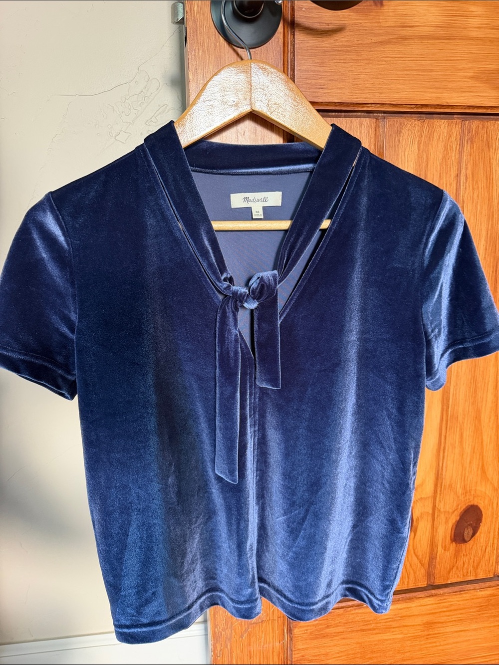Madewell Midnight Blue Velvet Tie-Neck Short Sleeve Blouse